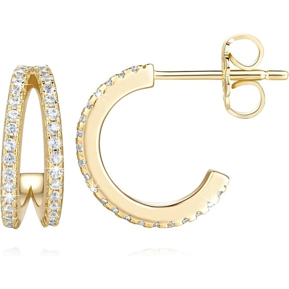 14K Gold Double Hoop Earrings for Women with Cubic Zirconia 13mm Lightweight